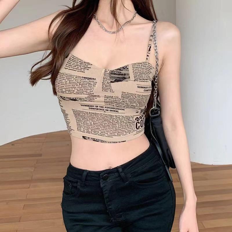 Женский бюстгальтер Push Up Camisole с подкладками, сексуальный топ с подтяжками, модные напечатанные газеты, женские мягкие топы без рукавов