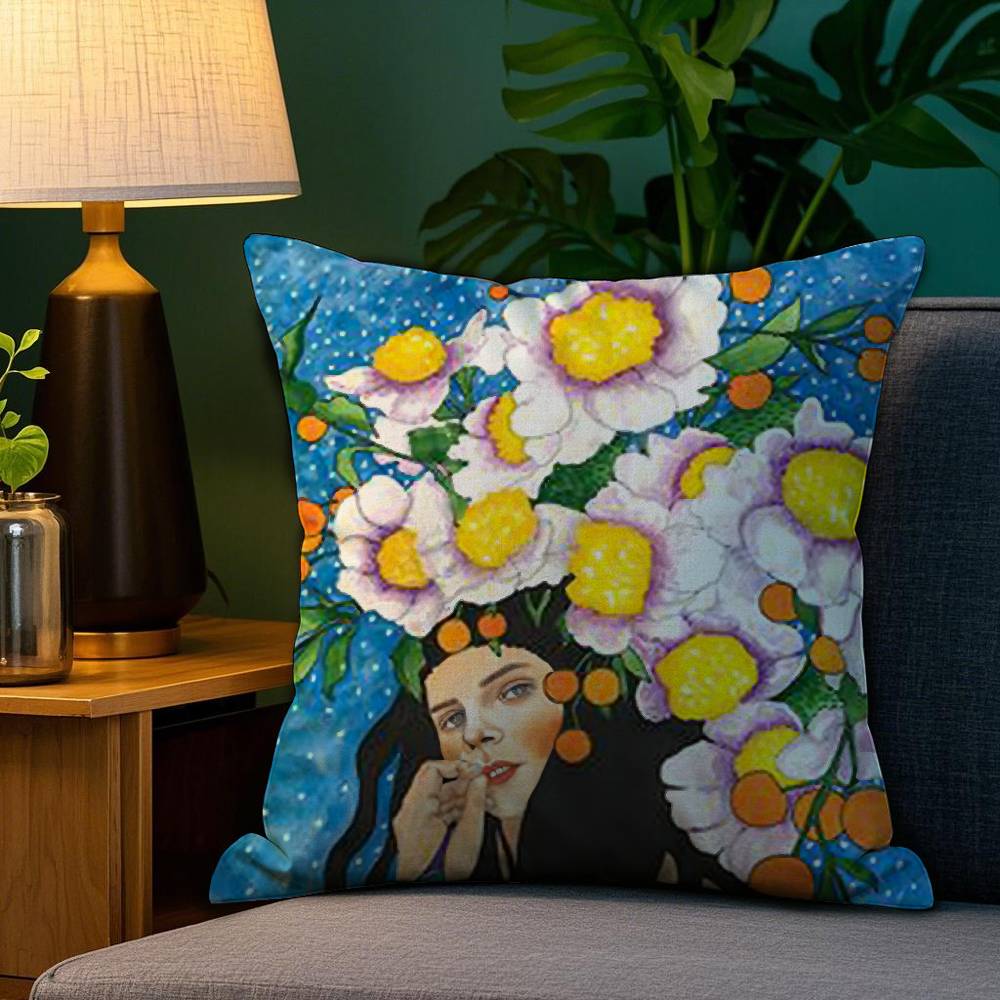 Vintage Abstract Girl Hair Flower Pillow Case Sofa Living Room Bedroom Double-sided Printing Square Cushion Nap Time Pillow Case