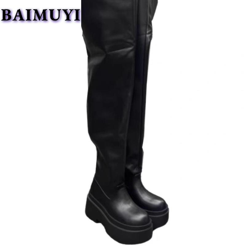 Сапоги на платформе до колена, женские туфли на высоком каблуке в готическом стиле, роскошные туфли-челси 2025 года, дизайнерские плиссированные кожаные зимние ботинки для снега