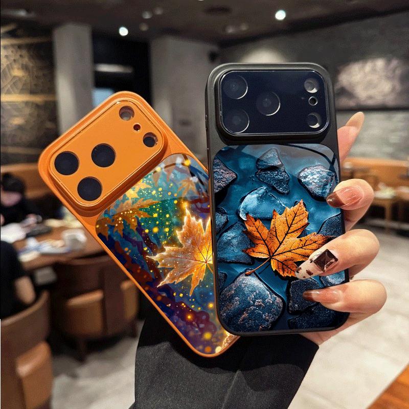 Эстетичный Чехол для Телефона из Оранжевого Стекла с Рисунком Осенних Кленовых Листьев для iPhone 17 16 Pro Max 15 14 13 12 Mini 11 X XS 7 8 14Plus