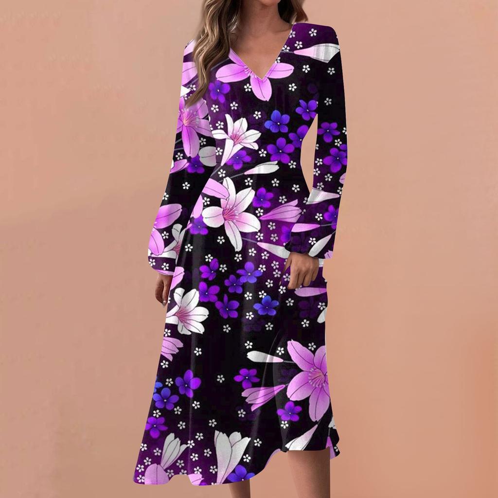 Women's Spring And Autumn Casual Fashion V-neck Long Sleeve Floral Printed Long Dresses