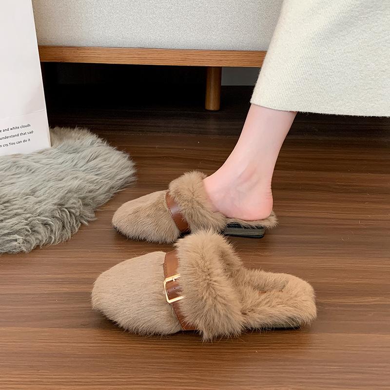 Baotou Mao Mao Slippers Women's Wear 2024 Autumn New Low Heel Milk Almost Fashion Design Sense Square Buckle Home Cotton Mop