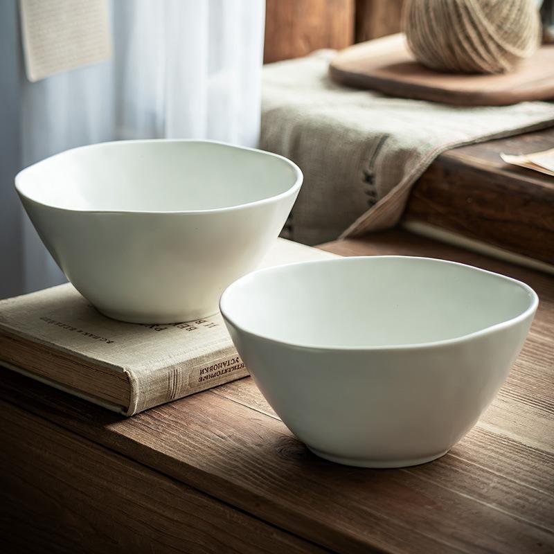 Retro Solid Color Ramen Bowl, Japanese Ceramic Bowl, Special-Shaped Bowl, Household Vegetable Bowl, Soup Bowl, Fruit Bowl, Restaurant Tableware