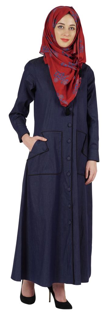 Bimba Solid Long Dress W  Printed Hijab Scarf Chambray Maxi Front Button Muslim Dress  Islamic Clothes For