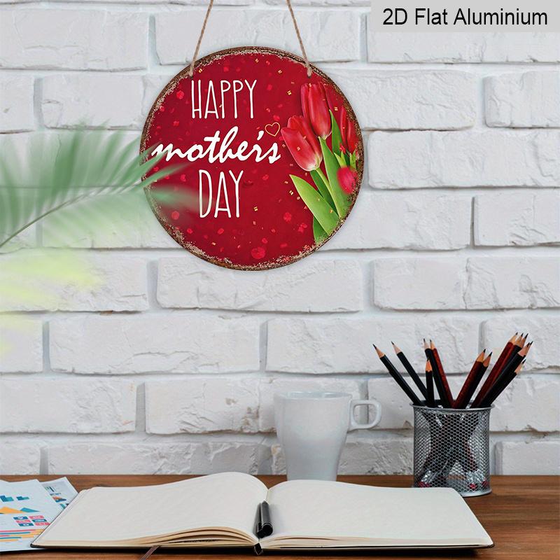 2D Flat, 1pc Round Aluminum Hanging Sign - "Happy Mother's Day" Vintage Dutch Tulip Flower Metal Wall Art, Vintage Red Petal & Heart Design, Perfect