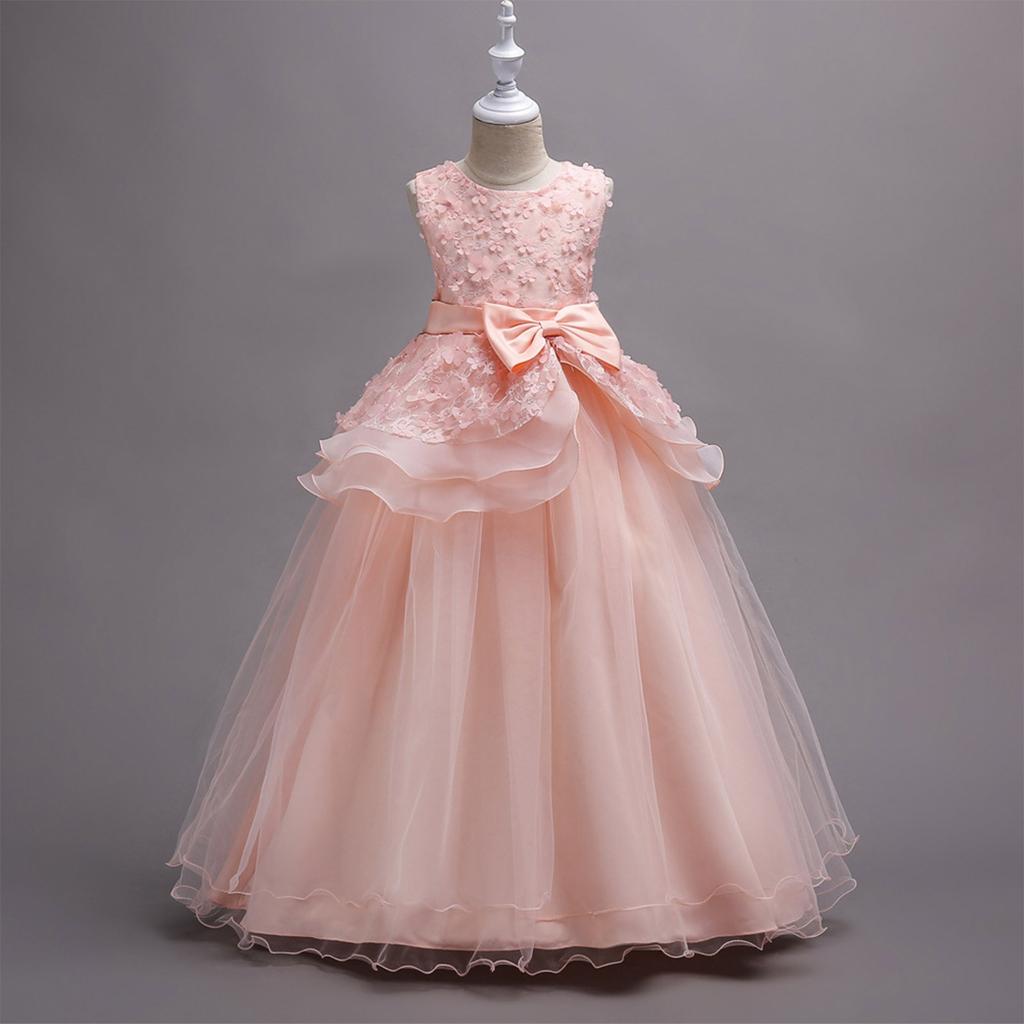 CUHK Girls' Dress Princess Dress Solid Color Flower Long Floor-length Evening Gown Puffy Princess Dress