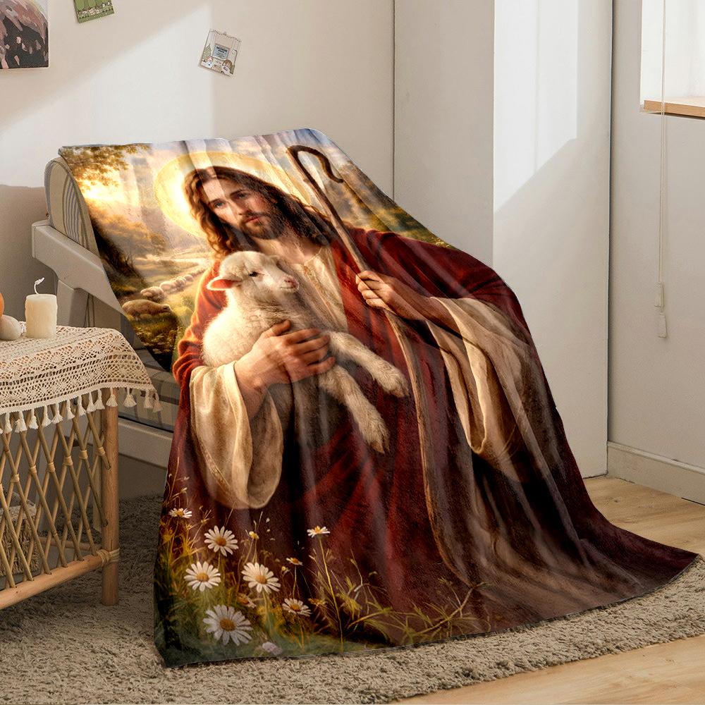 "Shepherd Holding Lamb Pastoral Scene"Flannel blanket for bedroom, living room, sofa, and nap