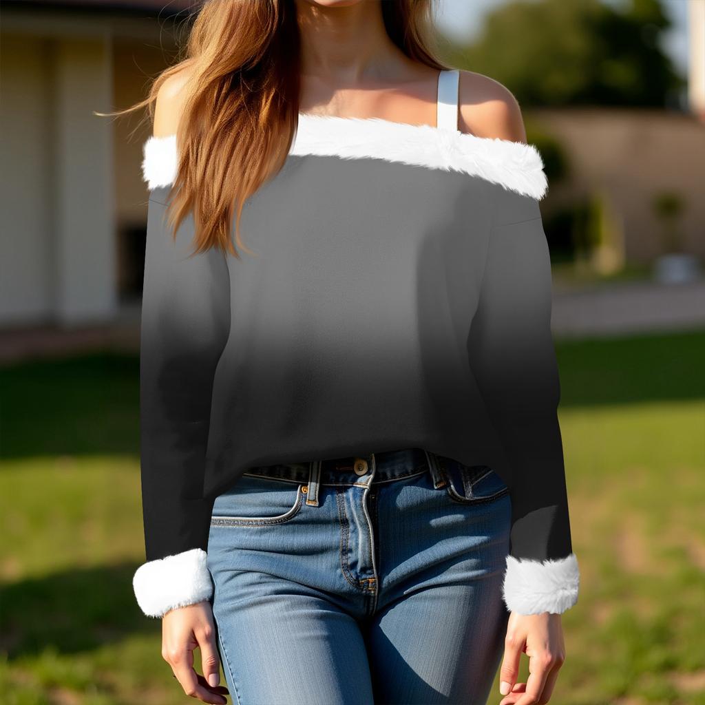 Women's Off-the-shoulder Plush Neck Printed Long-sleeved Pullover T-shirt Top