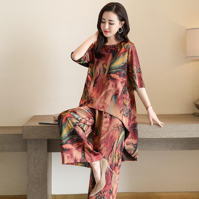 Ретро Принт Круглый Вырез Короткий Рукав Футболка Повседневные Широкие Брюки Комплект из Двух Предметов Элегантный Женский Костюм с Брюками