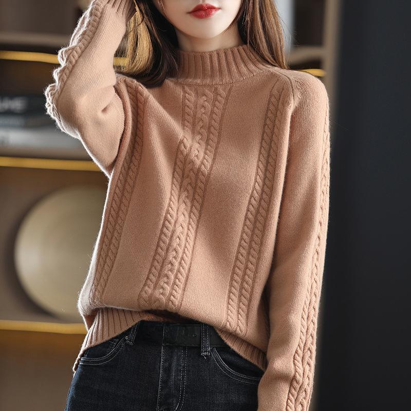 Свитер с высоким воротом, женский, однотонный, повседневный, с длинным рукавом, зимний, ленивый, с жареными вставками из теста, пуловер