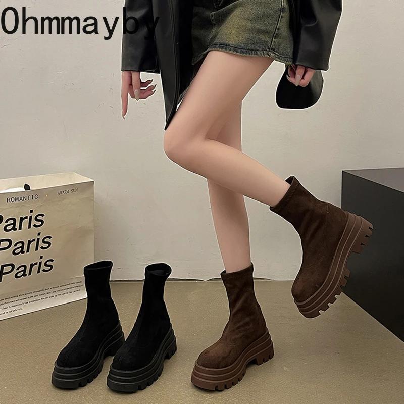 Fashion Vintage Platform Increase Women Ankle Boots Fashion Slip On Shoes Autumn Winter British Style Ladies Elegant Short Booties