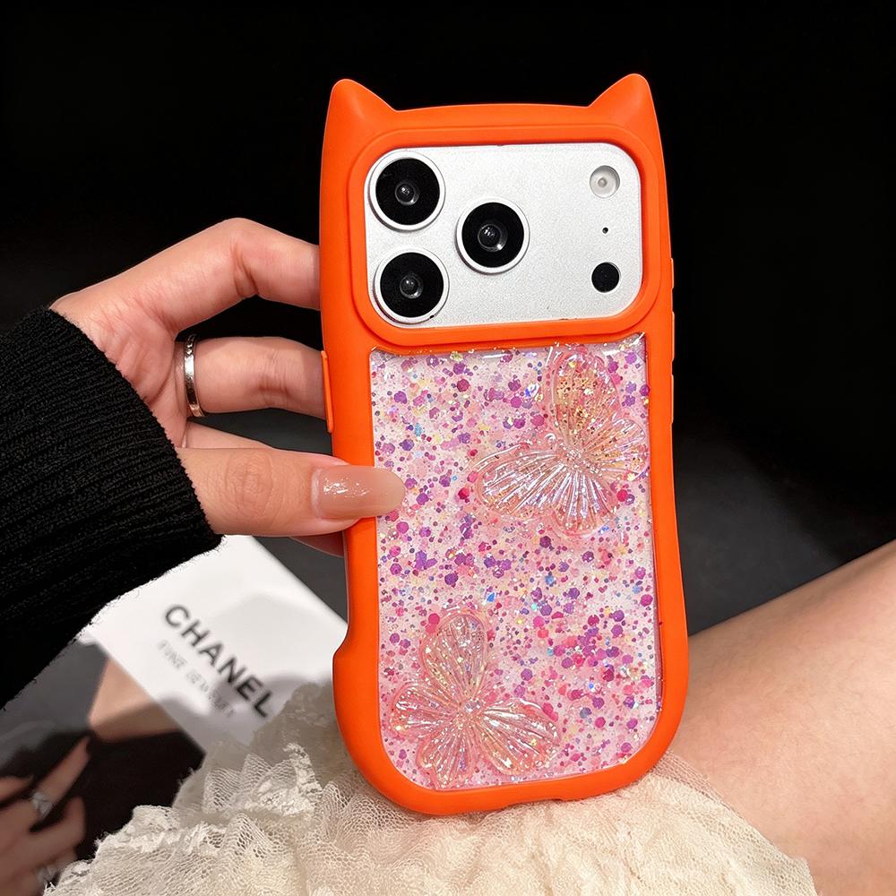 Милый Чехол-Подвеска с Ушками Кошки и Бабочкой Прозрачный для iPhone 17e 16 15 14 13 12 Pro Max 17 Air 11 Большое Окно Мягкие Края