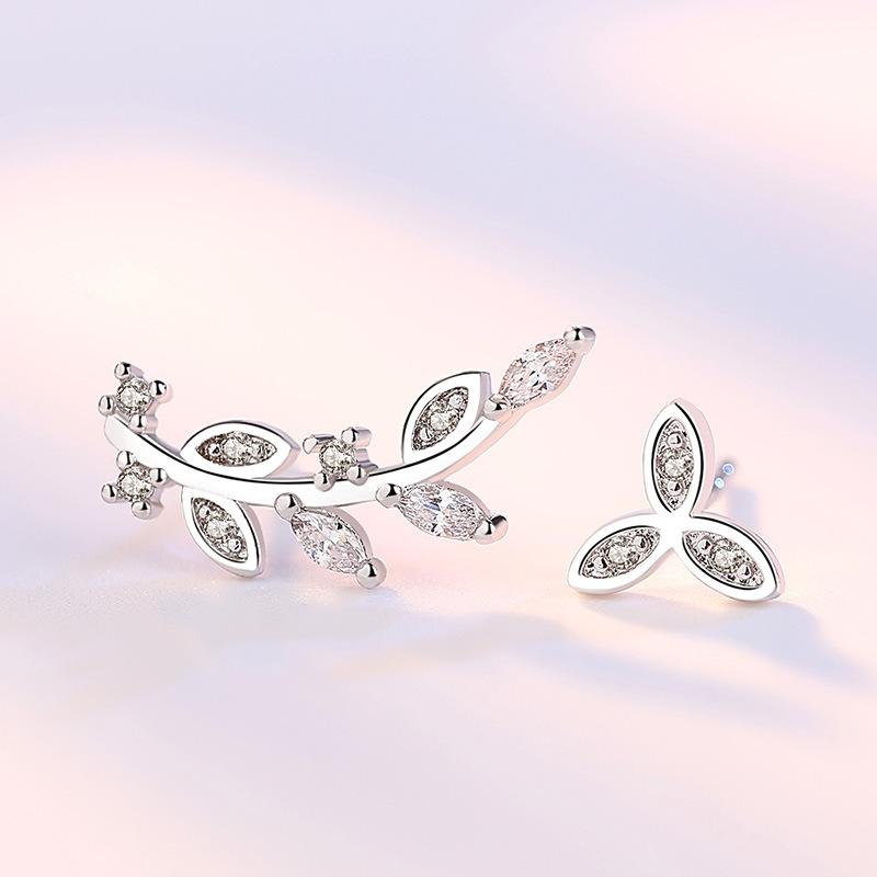 Серьги-гвоздики с асимметричным листом и цветочным камнем, женские белые медные посеребренные серьги-гвоздики