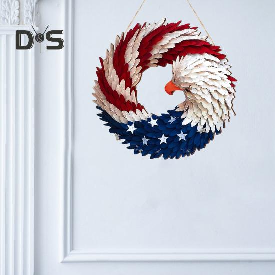 Патриотический венок с орлом 4 июля Деревянное украшение Крытый Открытый входная дверь Настенный подвес День независимости День памяти Дверной знак Подвеска