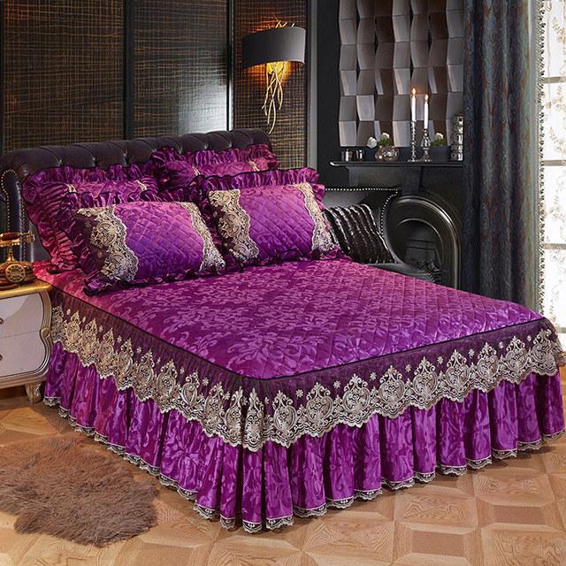 Кружевное бархатное покрывало King Size, стеганая юбка с рюшами, эластичное покрывало для кровати размера «queen-size», наволочки, мягкие и теплые европейские 3 шт.