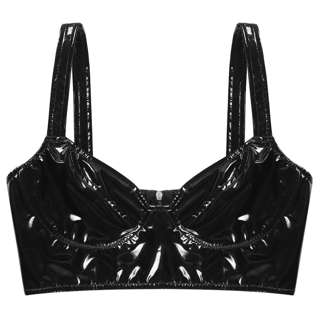 Women's Wet Look Club Lingerie Zipper Crop Tops Shiny Latex Bralette Bra Tops