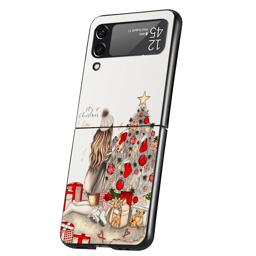 Christmas Girls Tree Gift Cover Phone Case For Samsung Galaxy Z Flip 7 6 5 4 3 5G Flip7 Flip6 Flip5 Flip4 Flip3 Black Fundas She