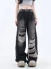 Gothic Black Jeans High Waist Vintage Women Korean Fashion Y2k Streetwear Ripped Pants Female Harajuku Casual Wide Leg Denim Trousers