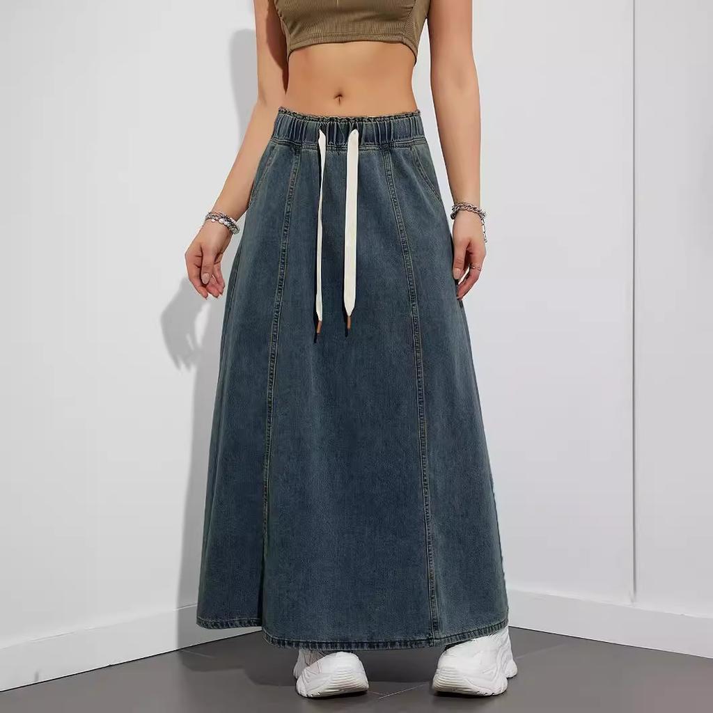 American Design Sense Elastic Waist Loose Large Skirt Denim Skirt Women Casual Long Skirt