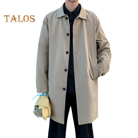 Мужская ветровка, пальто с лацканами, длинный рукав, двубортный тренчкот с карманами, однотонный, свободный крой, повседневная верхняя одежда средней длины