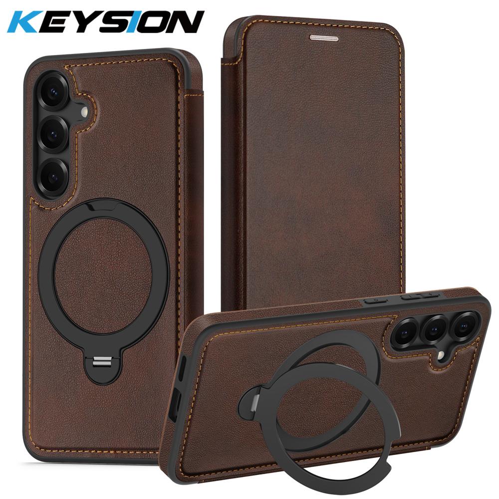 KEYSION Кожаный кошелек-книжка для Samsung Galaxy S25 S26 Ultra 5G S26+ S25 FE Слот для карт Магнитный 360-градусный держатель-кольцо Чехол для телефона