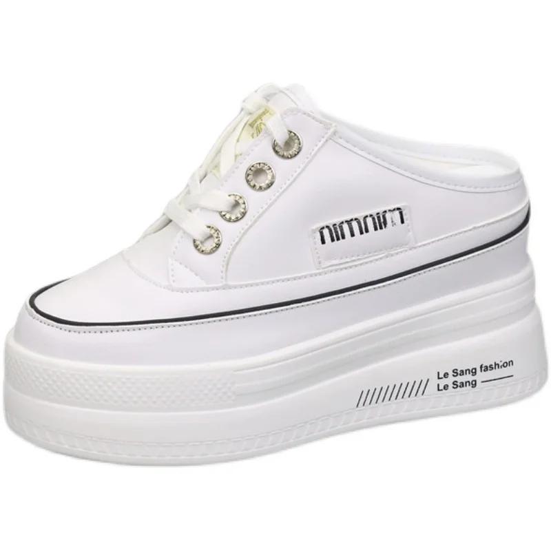 Fashion Lady Leather Without Heel Lazy Half Slipper Height Show Thin Fashion Wear Female Slipper Baotou Large Size Shoes Women Sandals