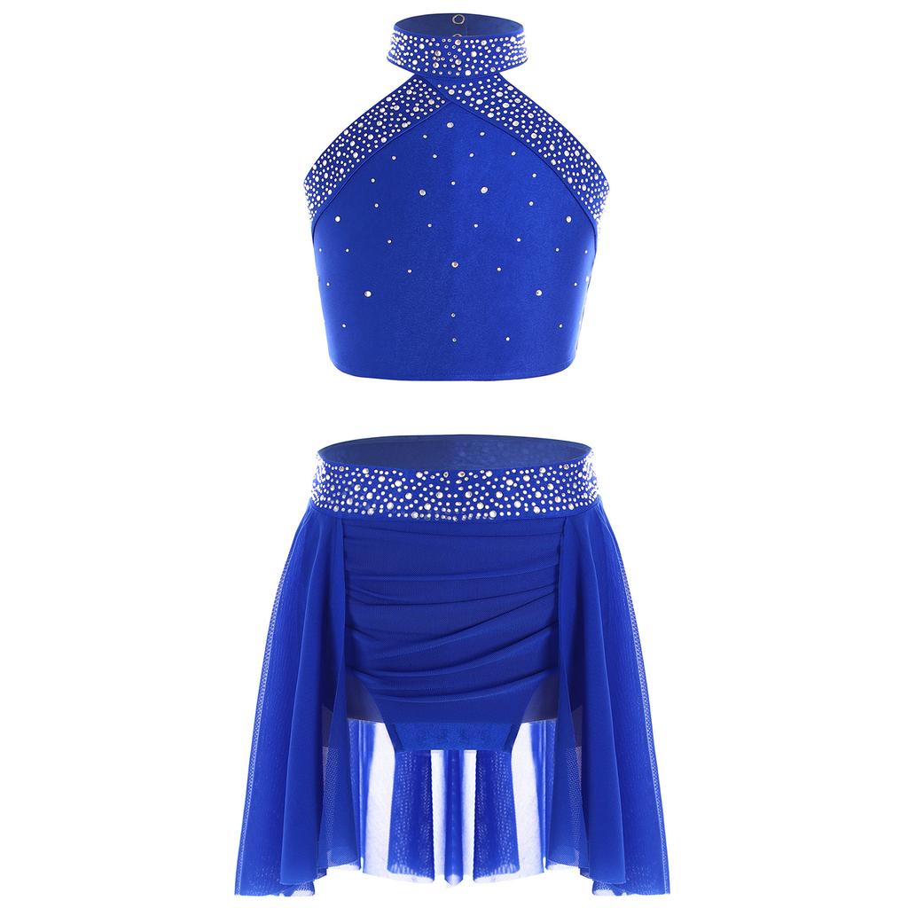 Kids Girls Lyrical Dance Set Modern Contemporary Costume Rhinestones Crop Top with Skirted Leotard Ice Skating Ballet Dancewear