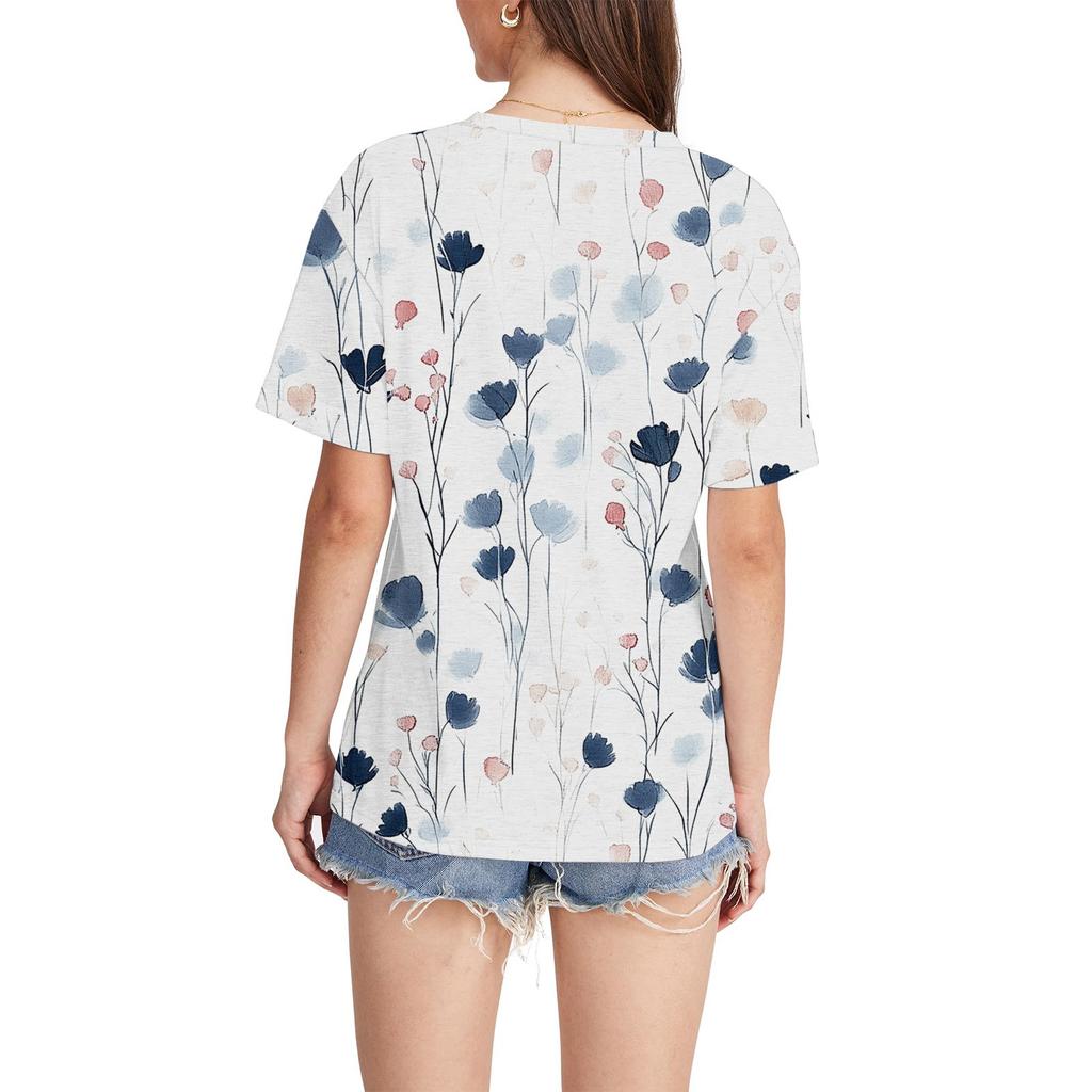 Women's Fashion Pocket V-neck Short Sleeve Plant Floral Print T-shirt Top