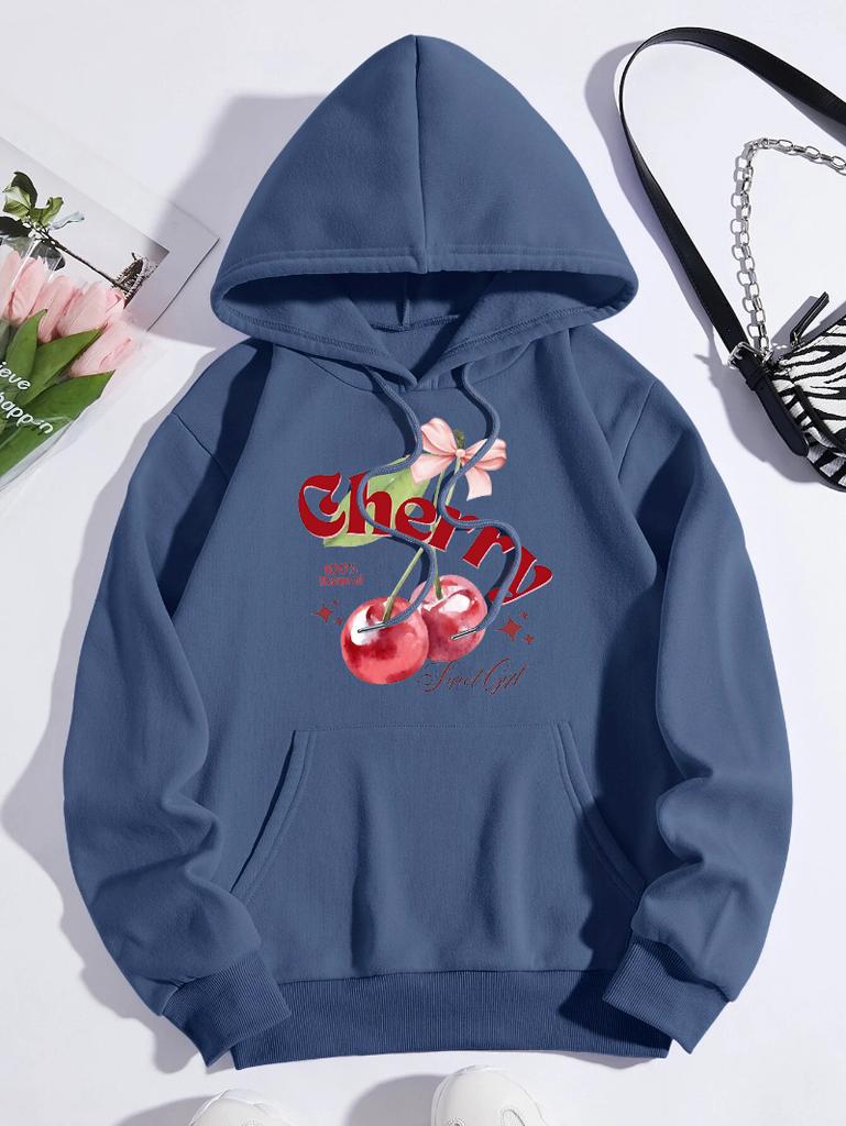 100% Натуральная Вишня Печать Фруктов Женская Худи Карман Y2K Худи Хип-Хоп Свободный Пуловер Повседневная Флис Удобная Одежда