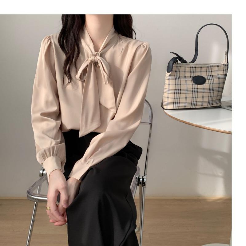 Модная элегантная женская рубашка с длинным рукавом и галстуком-бабочкой, весна-осень, свободная повседневная простая блузка больших размеров для офиса, женская одежда 2024 года, новая однотонная одежда 2585