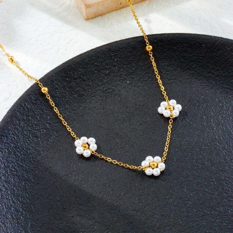 Pearl Flower Jewelry Set For Women Gold Plated Stainless Steel Necklace Bracelet Earrings
