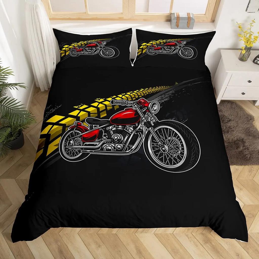 3pcs Cool Motorbike Bedding Set Dirt Bike Duvet Cover Twin Motocross Rider Comforter Cover Extreme Sports For Boys Adults
