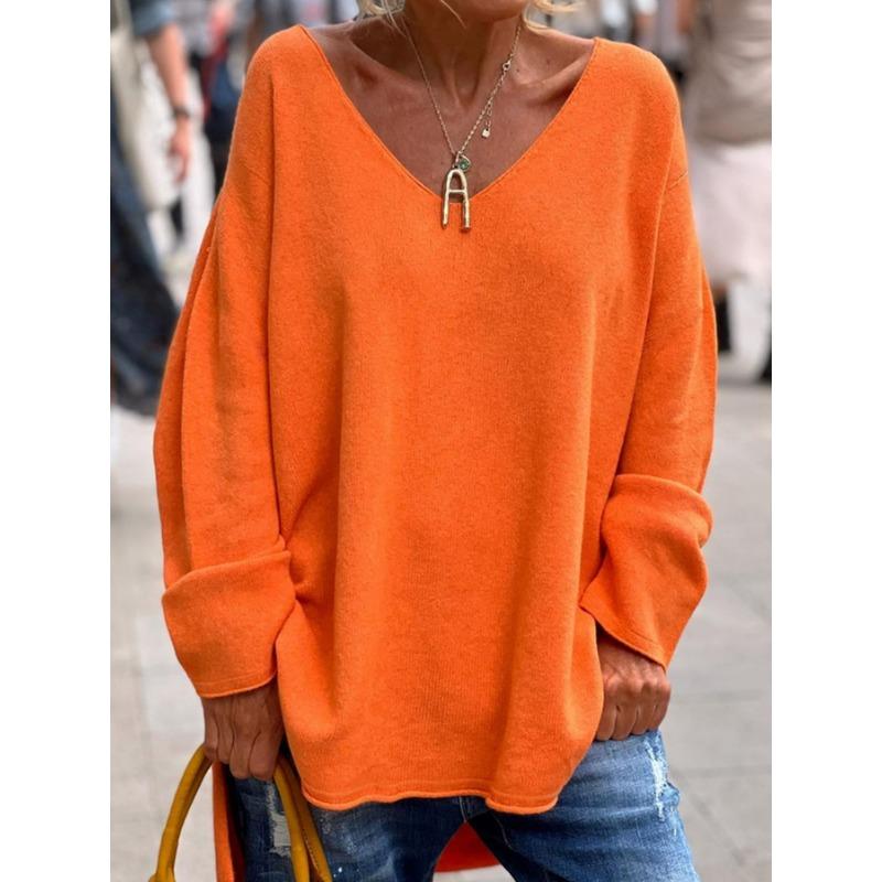 Women's Pullover Solid Color V-Neck Long Sleeve Loose Casual Comfortable Long Sleeve Knit Sweater