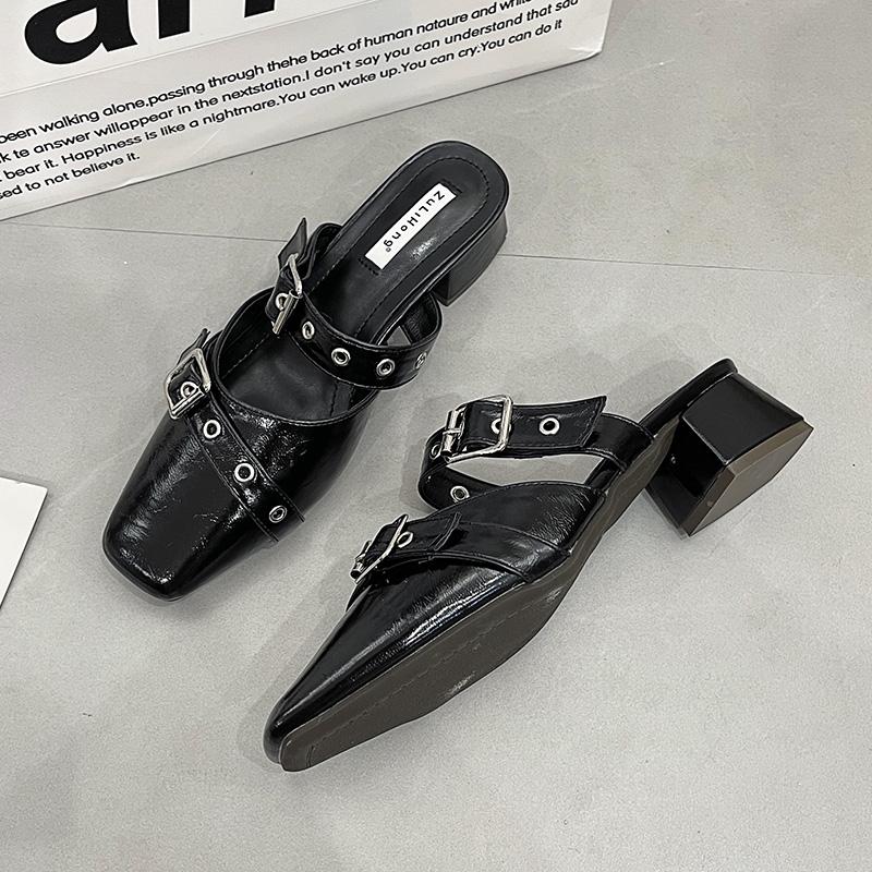 Women's Baotou Slippers Spring New Style Square Head Shallow Mouth Rivet Metal Buckle Non-slip Sandals