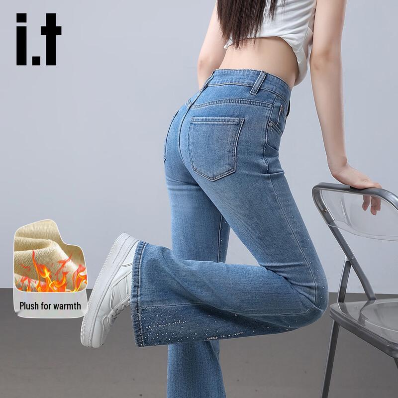 Izzueit Женские облегающие джинсы клеш с высокой посадкой и стразами, на флисовой подкладке