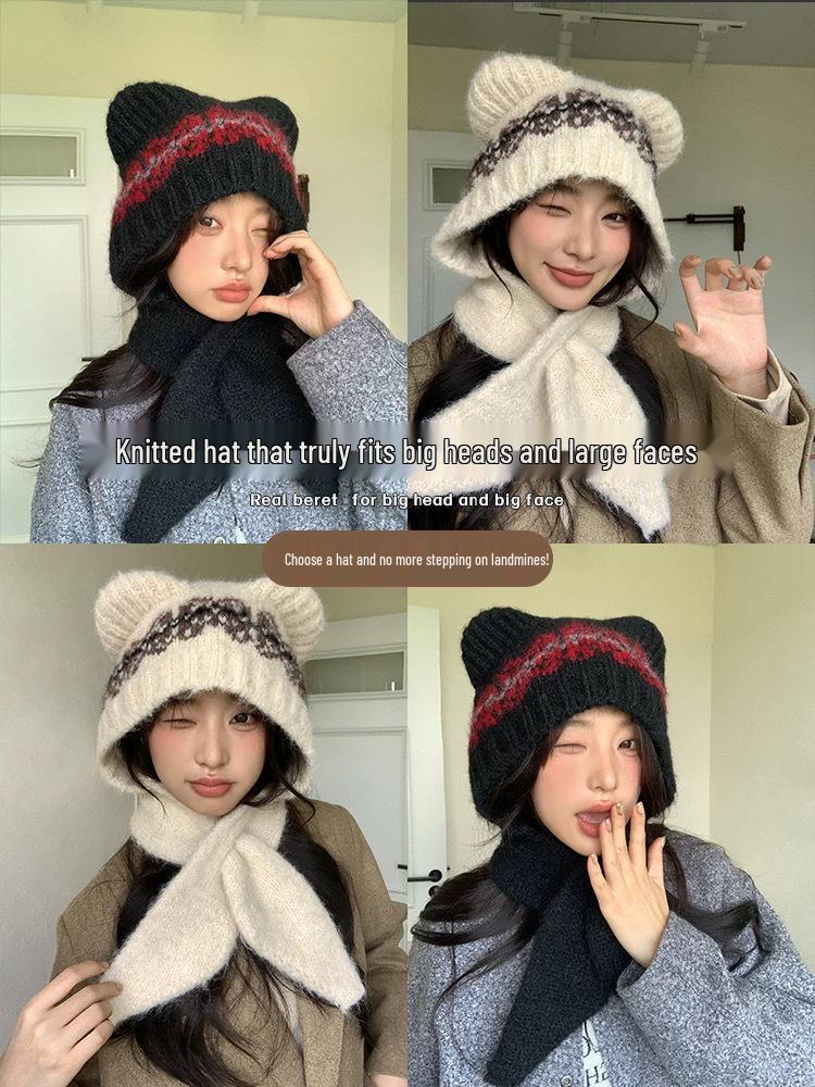 Женский милый комплект шапка и шарф с мишкой из смесовой шерсти - Зимний теплый, стройнящий и вязаный с ушками.