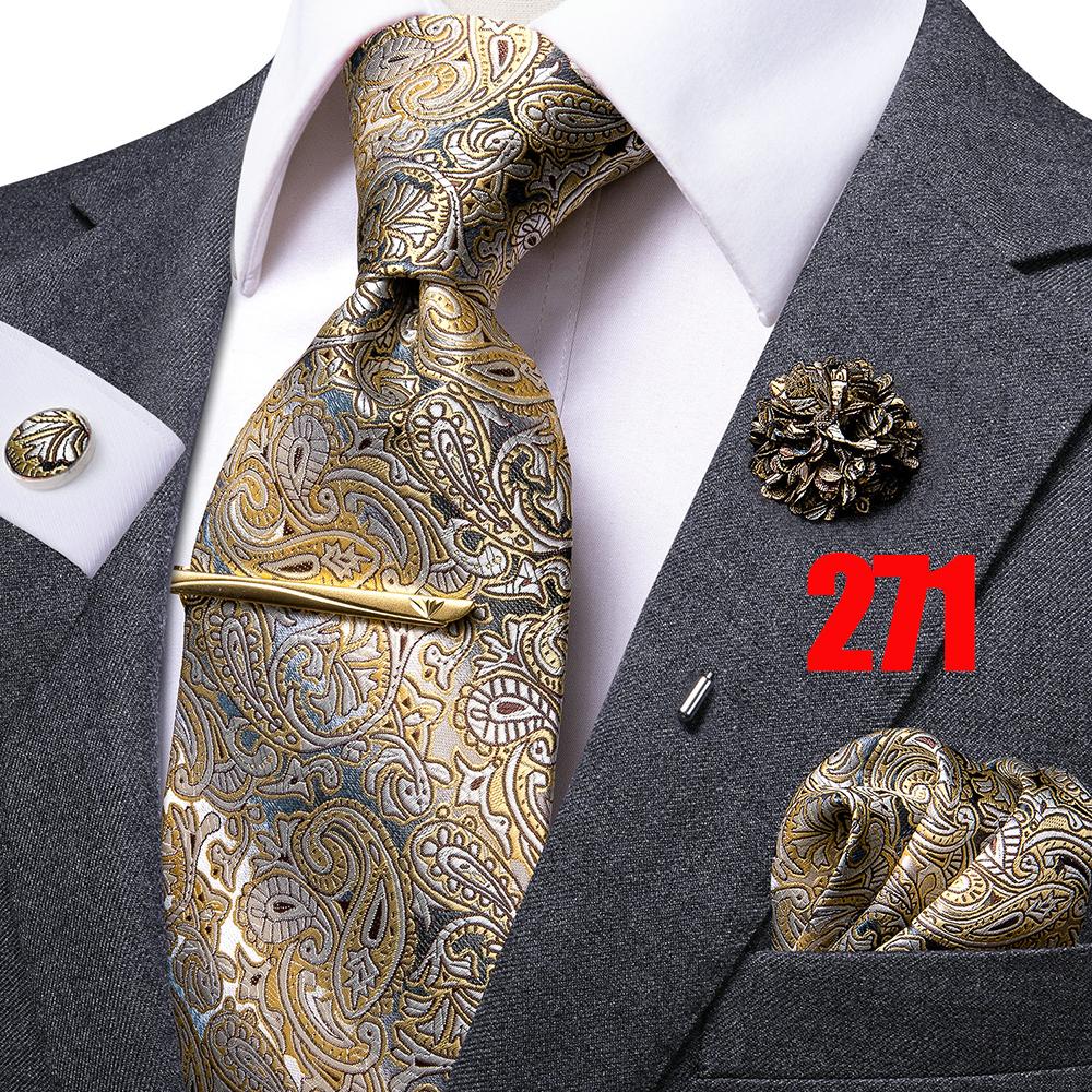 Hi-Tie Mens Silk Tie Set Brooch Pin Necktie Hanky Cufflinks Tie Clip for Business Wedding
