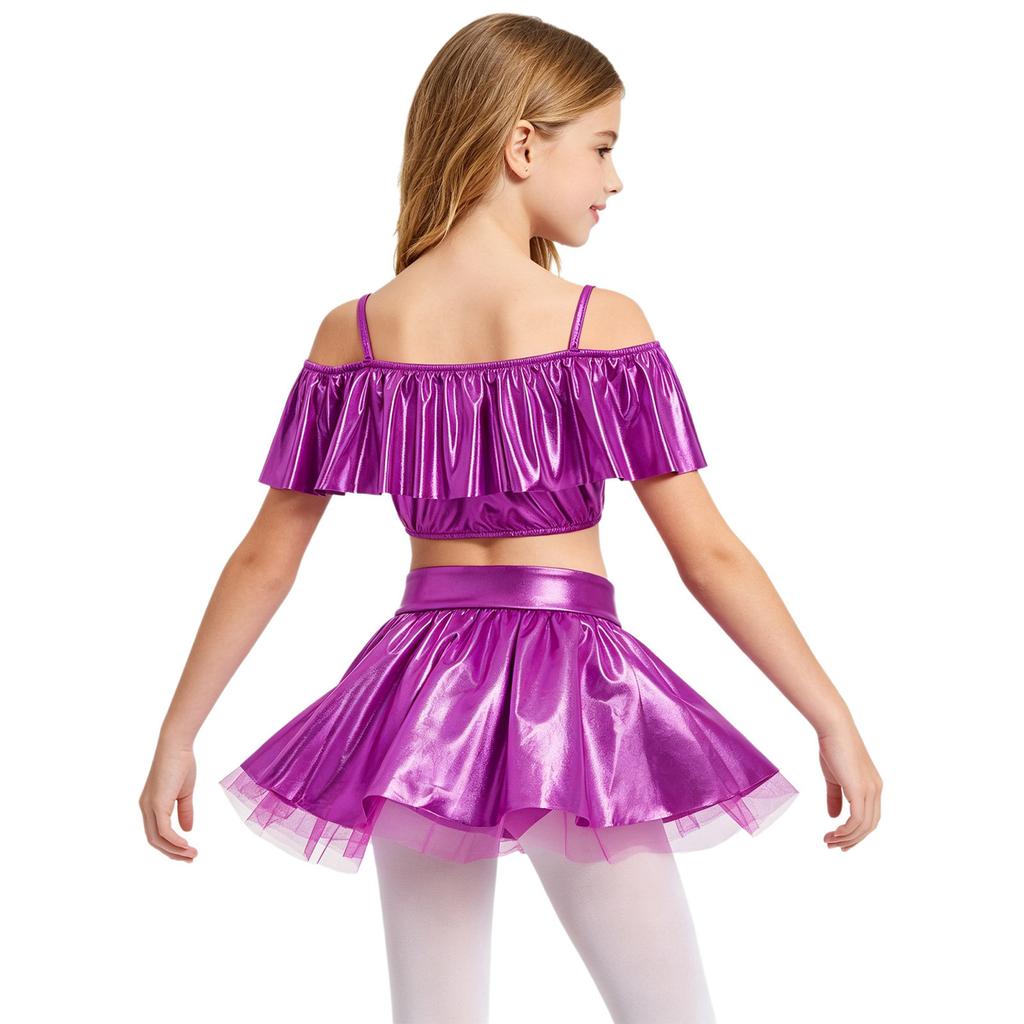 Girls Dancewear Off Shoulder Sleeveless Metallic Ruffle Crop Top and Shiny Tutu Skirt for Stage Competition Party Wear