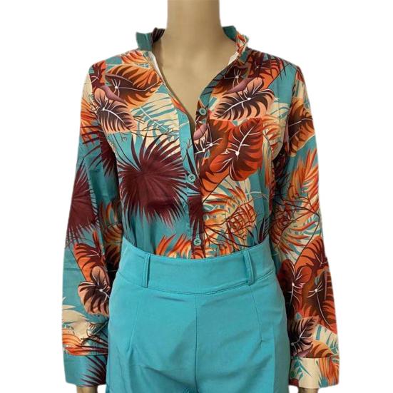 Элегантная офисная блузка для женщин, с воротником-стойкой, однобортная, с цветочным принтом, длинным рукавом, на пуговицах, для весны/лета