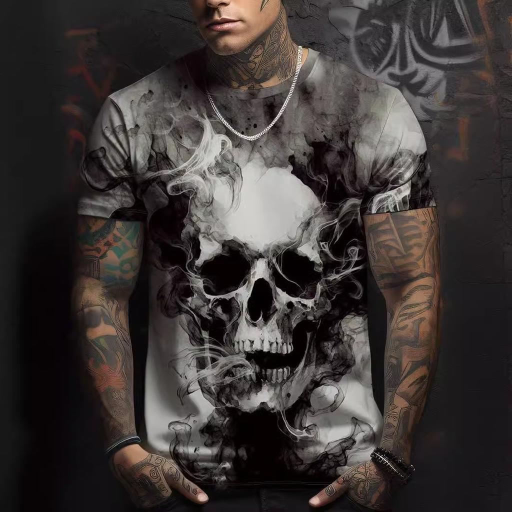 Summer Round Neck 3D Skull Pattern Print Top Fashionable Casual Short Sleeved Men's T-shirts