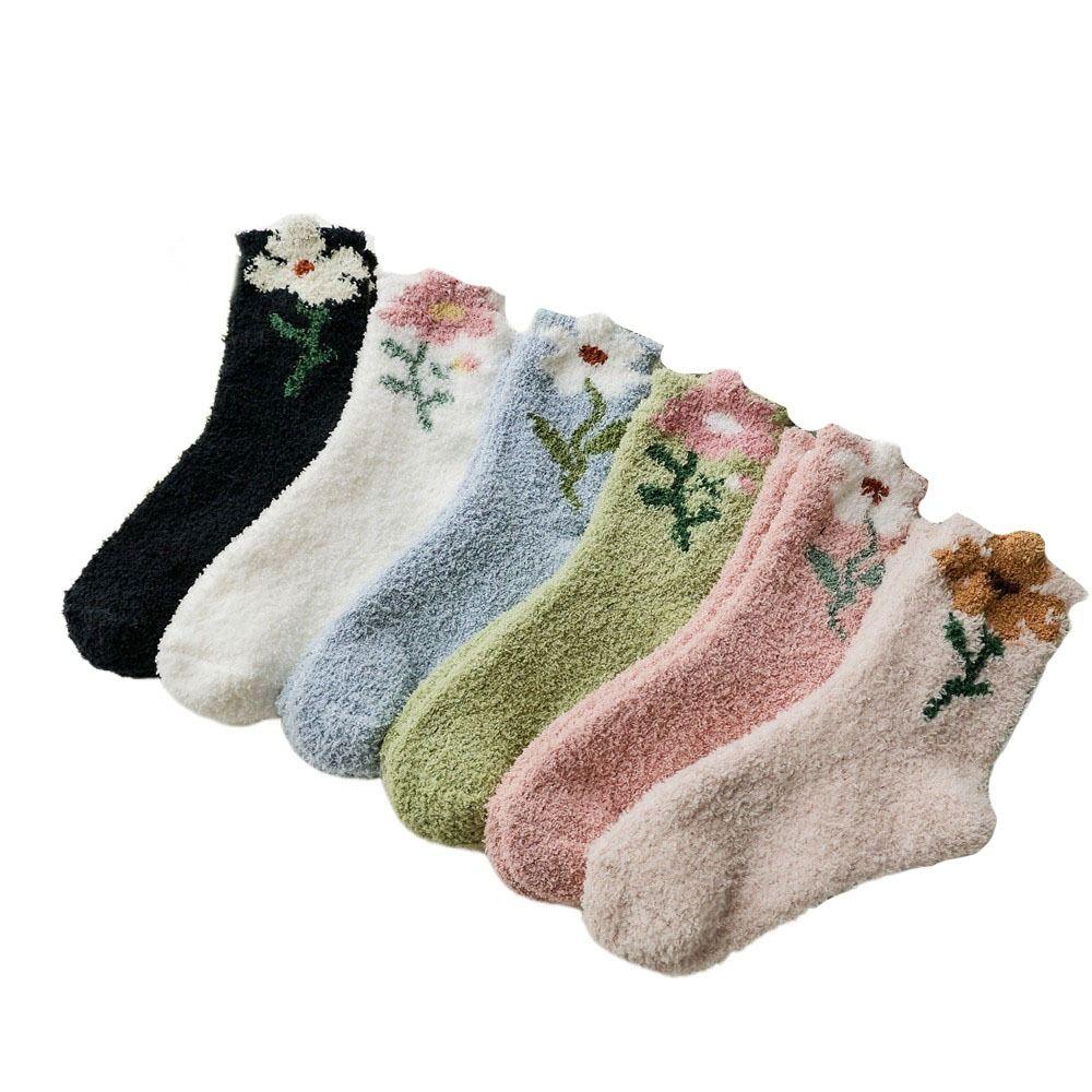 6Pairs Winter Floor Plush Socks Flower Warm Socks Women Soft Coral Fleece Socks  Autumn
