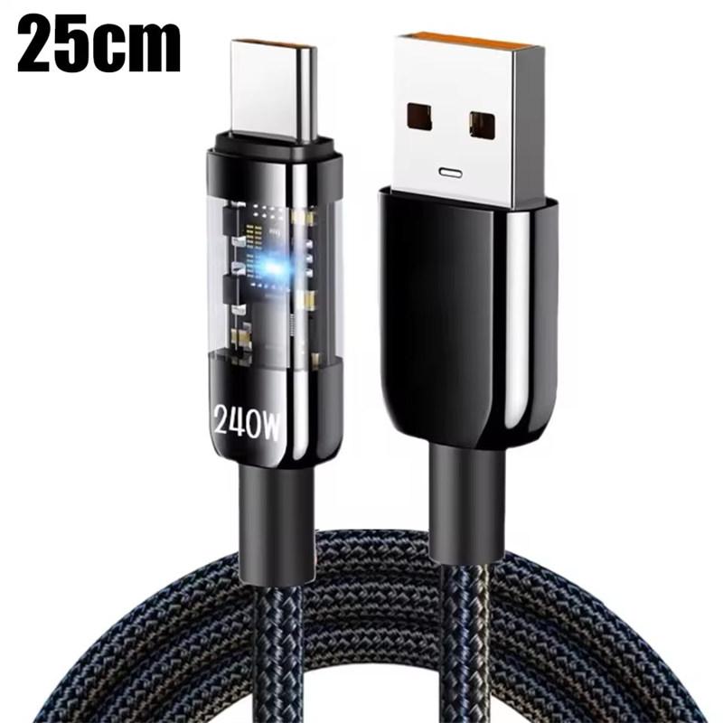 Кабель USB C для быстрой зарядки 240 Вт 10 А, нейлоновая оплетка, прозрачный кабель Type C для высокоскоростной зарядки для Samsung Huawei Mi, линия передачи данных