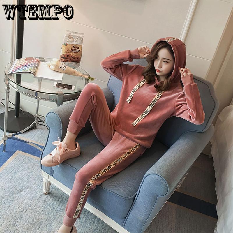 Warm Suit Women's Leisure Sports Suit Long-sleeved Plus Velvet Thickened Hoodie Women's Gold Velvet Hooded Sweater Two-piece Suit