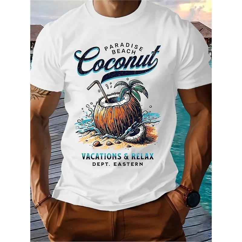 Men'S Summer Tee with Coconut Design - Short Sleeve Round Neck Shirt Featuring Palm Print, Lightweight Casual Top for Outdoor Fun, Holidays &