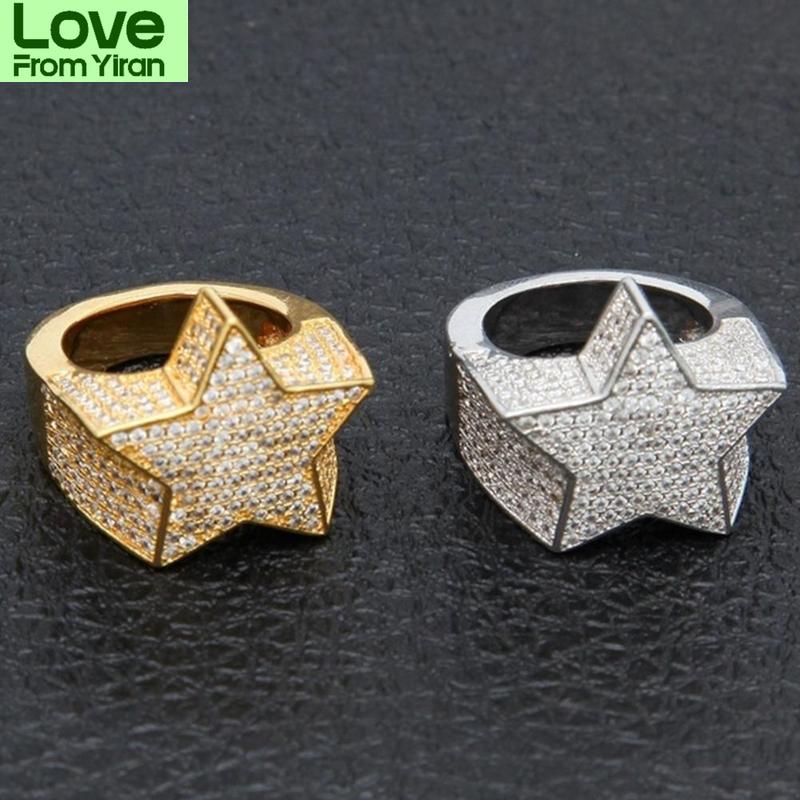 Milangirl New Hip Hop Rock Five Star Rings Men Luxury Gold Silver Color Rhinestones Zircon Pentagram Rings Women Wedding Party
