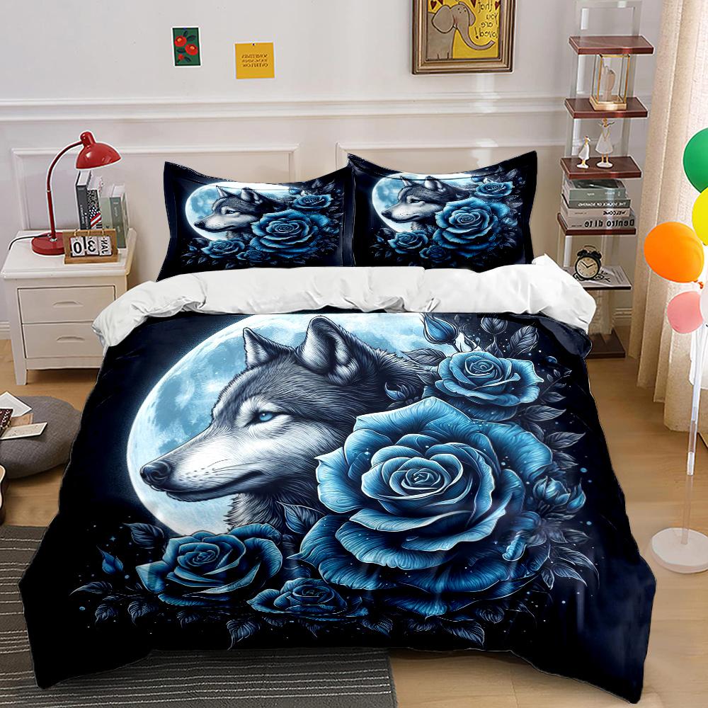 Wolf and Rose Print Bedding Set Sports Enthusiast Duvet Cover 1 Duvet Cover 2 Pillowcases Adult and Children Bedding Set Luxury