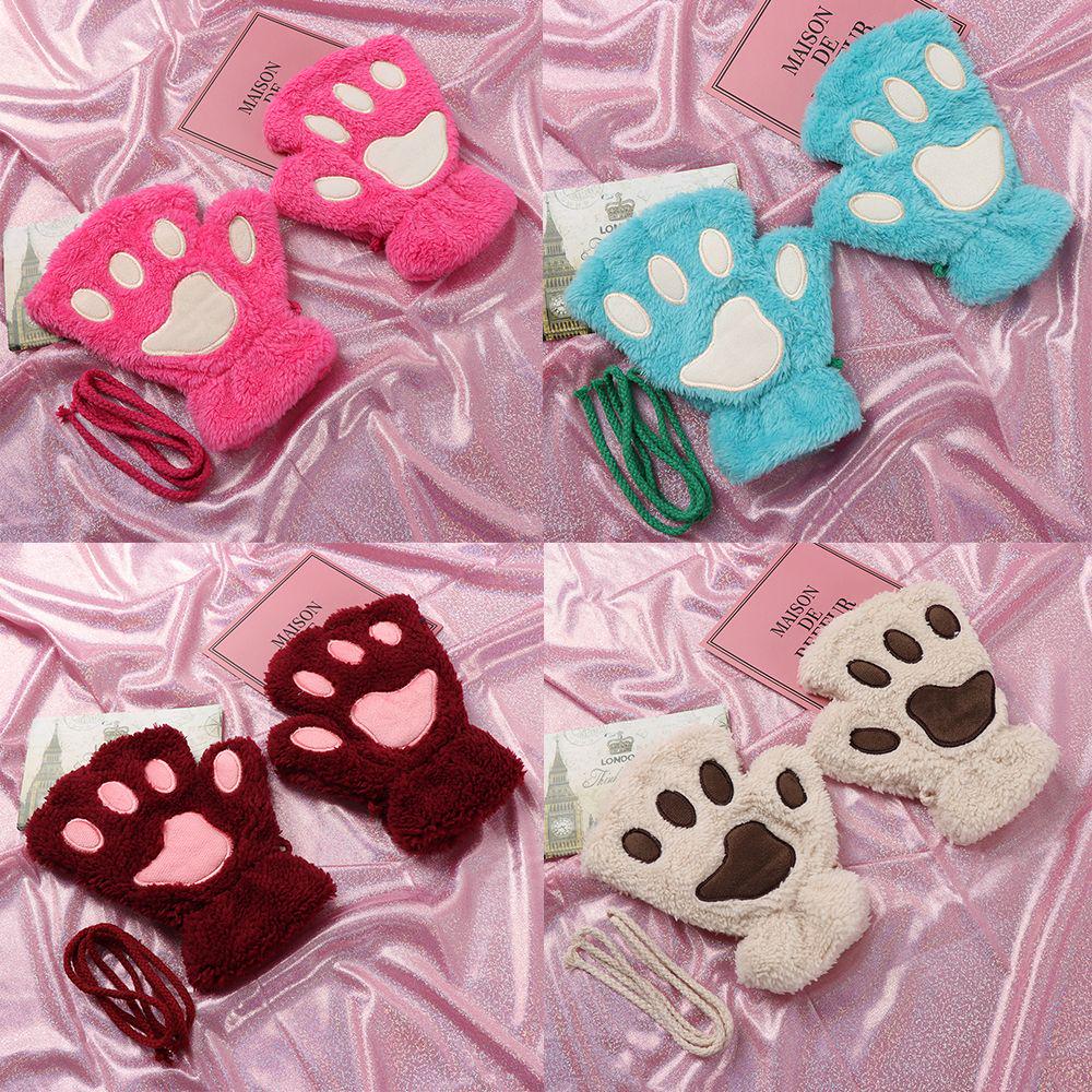 14Colors Women Warm Lovely Winter Gloves Plush Fingerless Bear Cat Paw