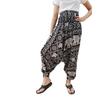 Relaxed Harem Pants, Elephant Print, One Size with Drawstring, Unisex Model. Black