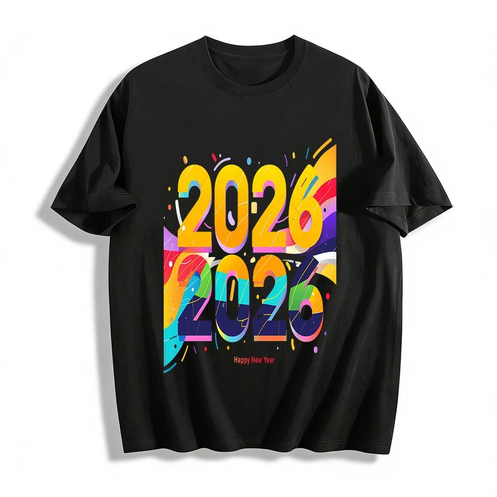 2026 С Новым Годом Модный Принт Повседневный Свободный Топ Для Мужчин Женщин Футболка Из Чистого Хлопка