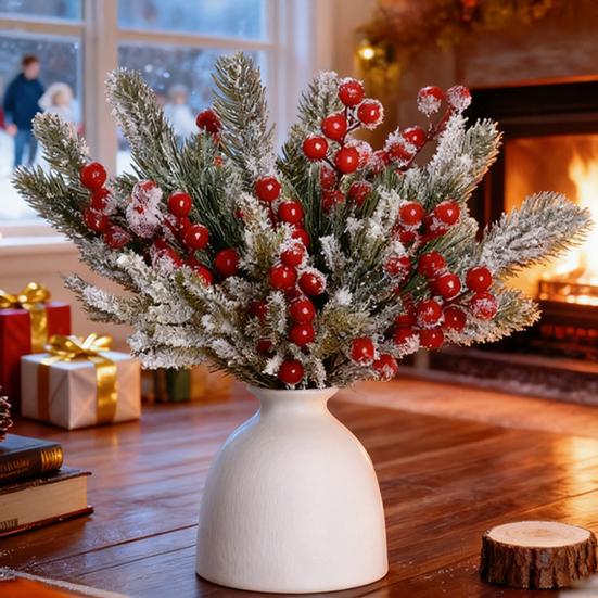 18 шт. Искусственная заснеженная ветка норфолкской сосны, веточки с красными ягодами, искусственный стебель кедра, рождественские ветки с ягодами падуба, DIY наполнитель для вазы, украшение для праздничной вечеринки